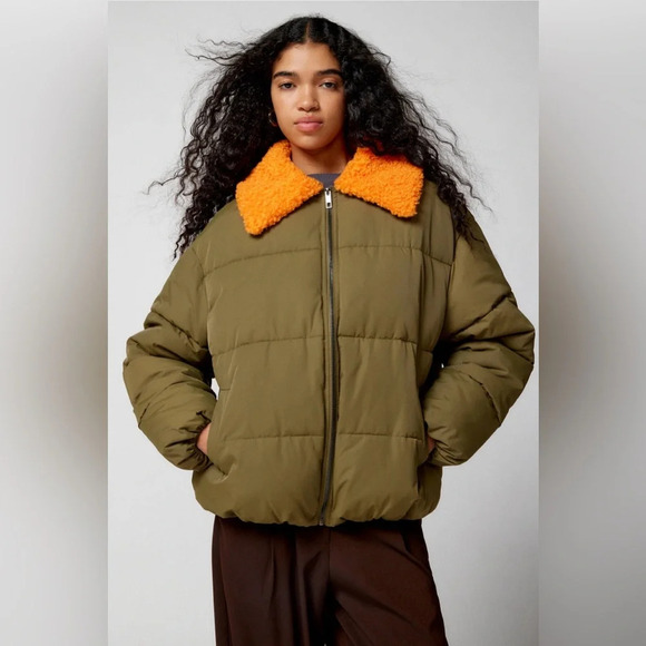 Urban Outfitters Jackets & Blazers - Urban Outfitters Army Green Puffer Jacket Duckie Faux Shearling Collar Coat NWOT